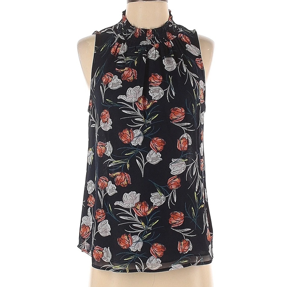 Daniel Rainn Navy Floral Sleeveless Sheer Blouse